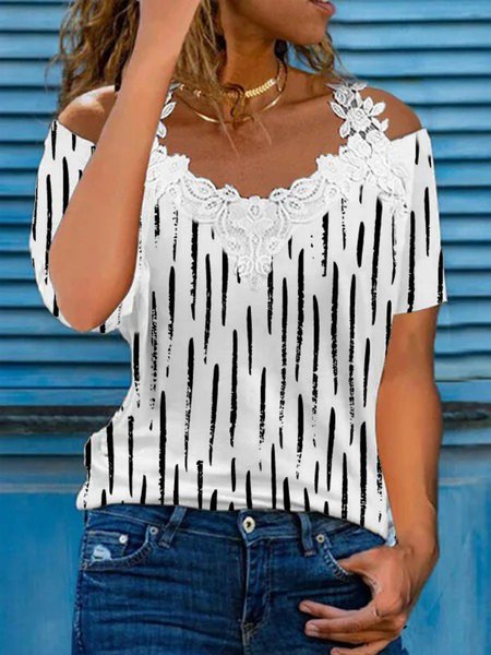 

Casual Lace Loosen V Neck Short Sleeve T-Shirt, White, T-Shirts