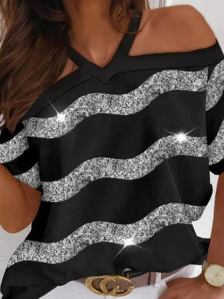

Halter Striped Short Sleeve Tops, Black, Shirts & Blouses