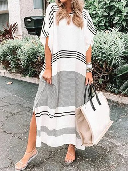 Oversize Vacation Striped Short Sleeve Woven Dress, Stripe, Maxi Dresses