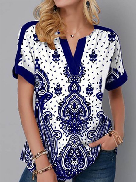 

V Neck Casual Short Sleeve T-Shirt, Multicolor, Tops
