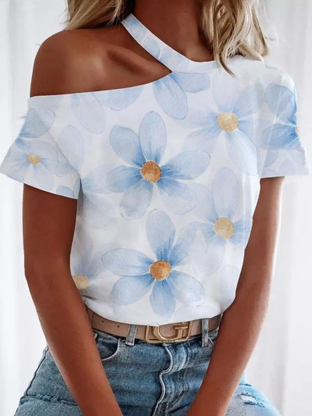 

Floral Printed Off Shoulder Short Sleeve T-Shirt, Blue, T-Shirts