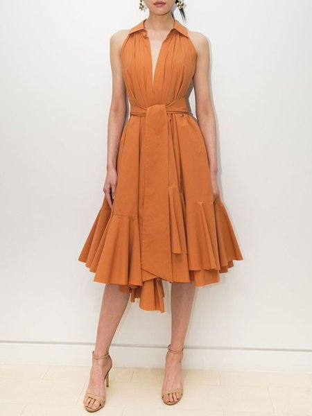 

Vacation Woven Dress With Belt, Caramel, Midi Dresses