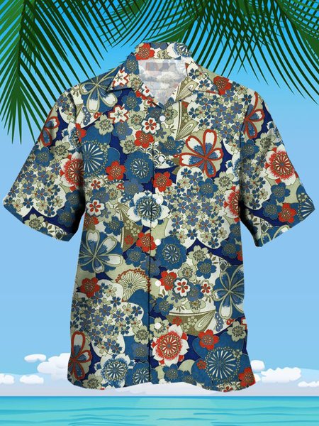 

Men's Vintage Pattern Print Casual Breathable Short Sleeve Hawaiian Shirt, Blue, Men's Floral shirt