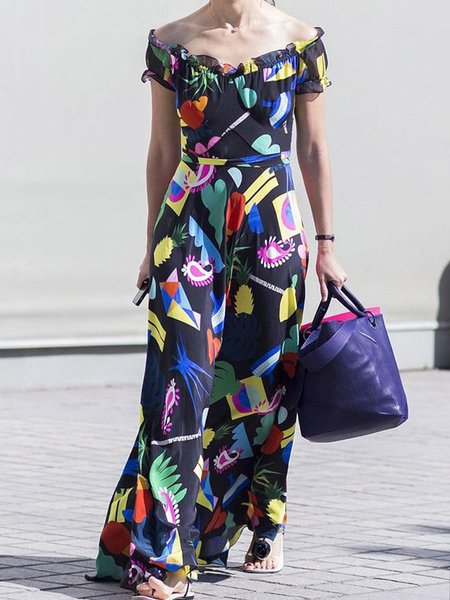 

Vacation Printed Boat Neck Short Sleeve Dress, Black, Maxi Dresses