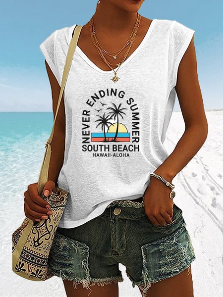 

V Neck Loosen Tropical Short Sleeve T-Shirt, White-gray, T-Shirts