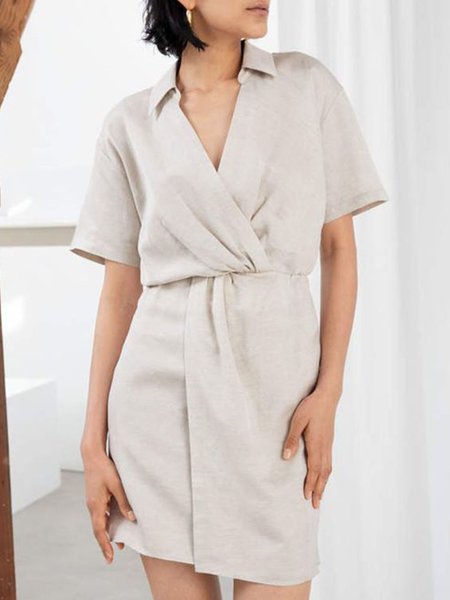 

V Neck Solid Cotton Short Sleeve Woven Dress, Apricot, Mini Dresses