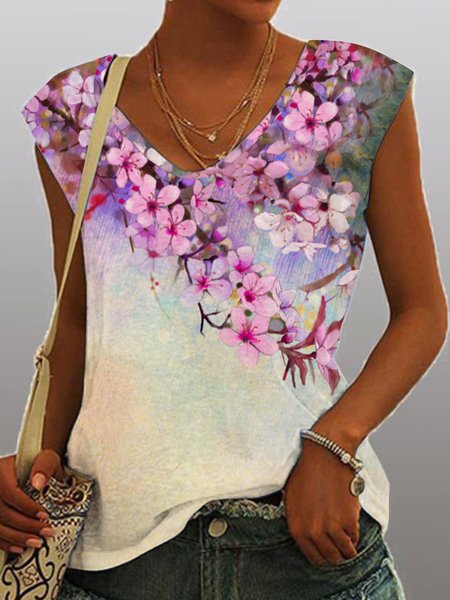 

Cherry blossom flower gradient loose pink print top T-shirt Plus Size, Multicolor, T-Shirts