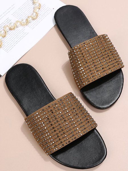 

Rhinestone Fabric Resort Slippers, Khaki, Sandals