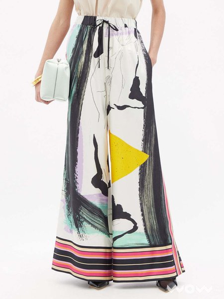 

Elastic waist Abstract Wide Leg Pants, Multicolor, Wide Leg Pants