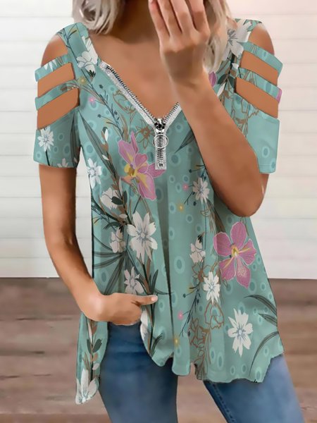 

Vintage Loosen V Neck Short Sleeve Tops, Green, Blouses