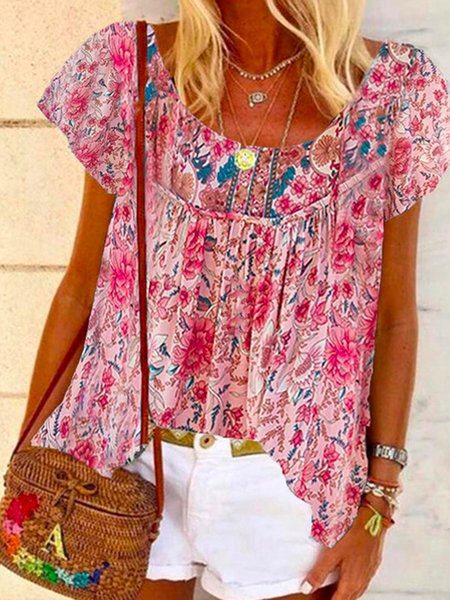 Crew Neck Loosen Floral Short Sleeve Tops, Pink, Tops