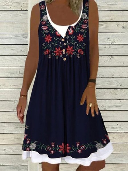 

Casual Crew Neck Floral Sleeveless Knitting Dresses, Dark blue, Dresses