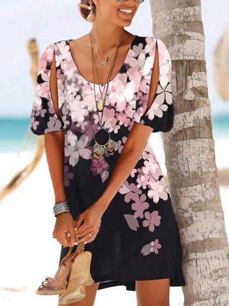 

Regular Fit Floral Crew Neck Short Sleeve Woven Dress, Pink, Dresses