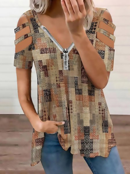 

Vintage V Neck Loosen Short Sleeve Tops, As picture, Blouses