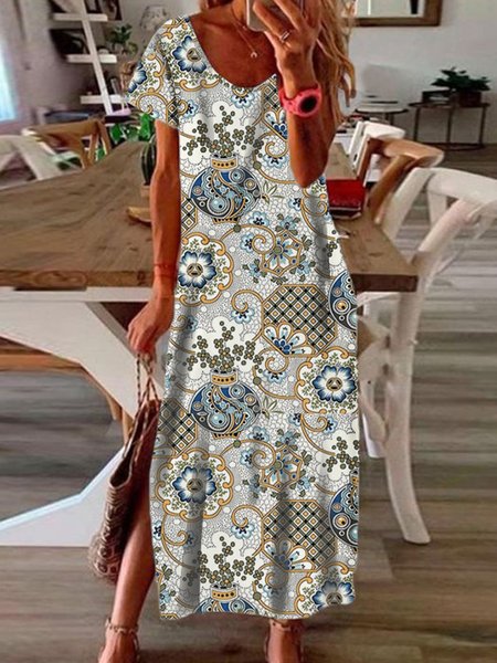 

Boho Tribal Geometric Floral Vacation Casual Loosen Slit Crew Neck Long Short Sleeve Knit Dress, Flower, Maxi Dresses