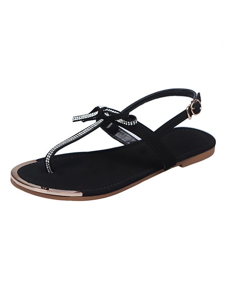 

Rhinestone Bow Thong Flat Sandals, Black, Sandals