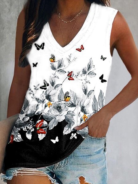 

Butterfly V neck Casual Knit Tank, White, Tank Top