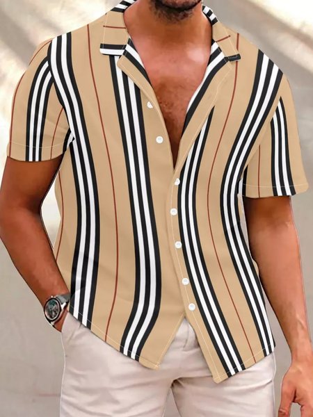 

Men's Retro Stripes Short Sleeve Vintage Shirts, Brown, Short Sleeves Shirts