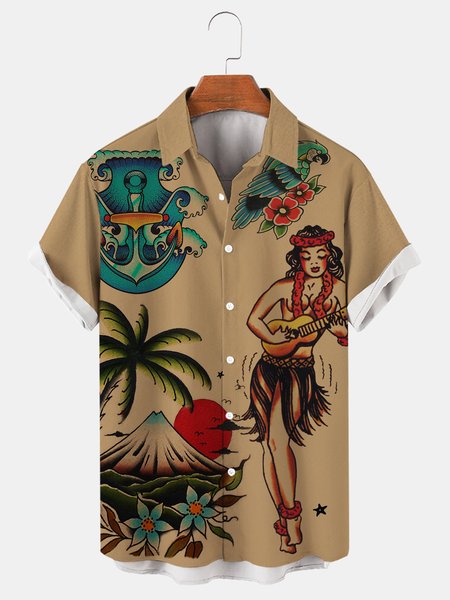 

Men's Retro Hula Beauty Print Casual Breathable Hawaiian Short Sleeve Shirt, Khaki, Men's Floral shirt