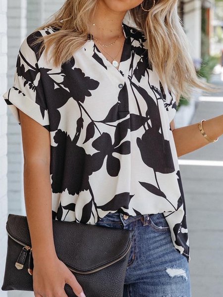 

Floral Loosen Casual Short Sleeve Tops, Black-white, Tops