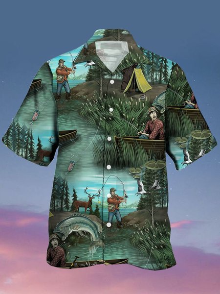 

Men's Outdoor Fishing Print Casual Breathable Short Sleeve Hawaiian Shirt, Green, Men's Floral shirt