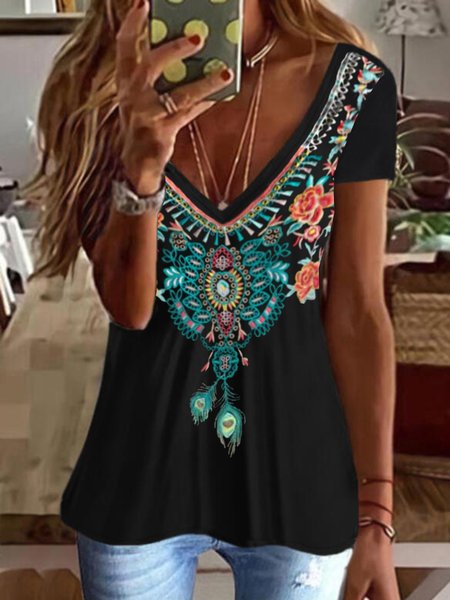 

Casual Floral Short Sleeve V Neck Plus Size Embroidered Tops T-shirts, Black, T-Shirts