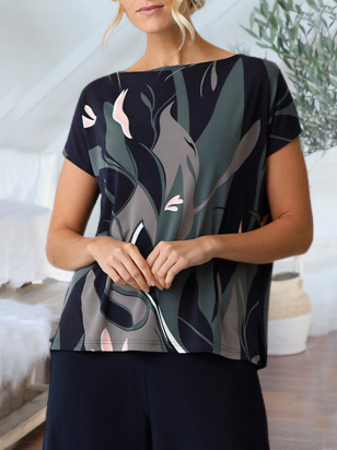 

Crew Neck Abstract Short Sleeve Tops, Black, Shirts & Blouses