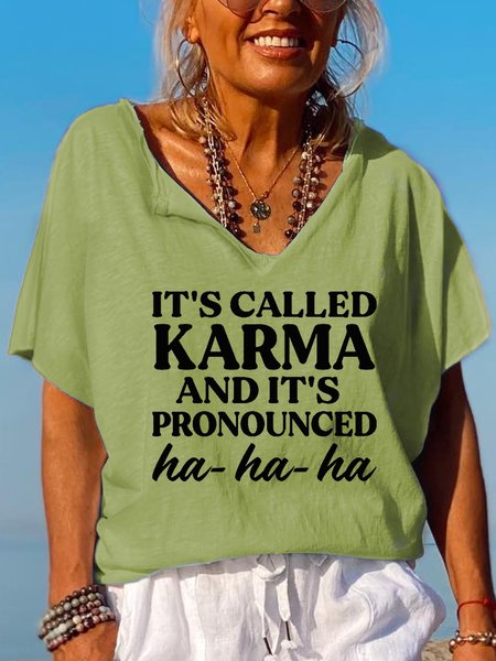 

Karma Funny Print Vintage Short Sleeve T-Shirt, Green, T-shirts
