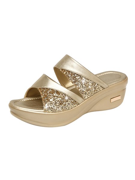 

Glitter Shiny Panel Platform Heel Sandals, Golden, Sandals & Slippers