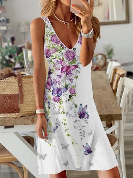 

Gradient flower butterfly print loose a-hem holiday dress midi Plus Size, Multicolor, Mini Dresses