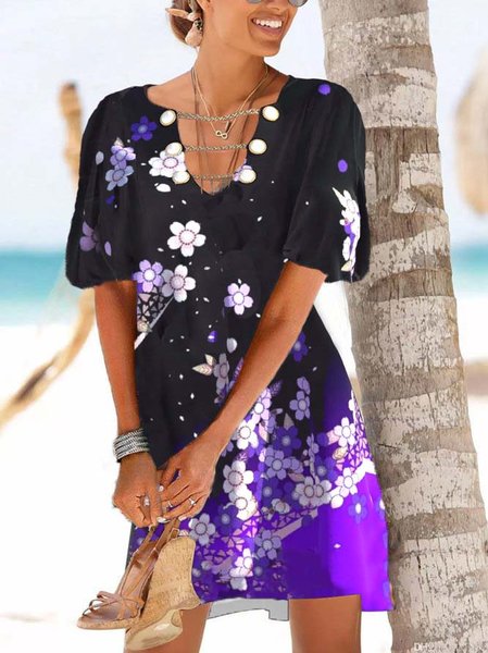 

Cotton Blends V Neck Casual Short Sleeve Woven Dress, Multicolor, Dresses