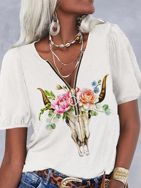 

Casual Ruffle Sleeve Tribal Short Sleeve T-Shirt, White, T-Shirts