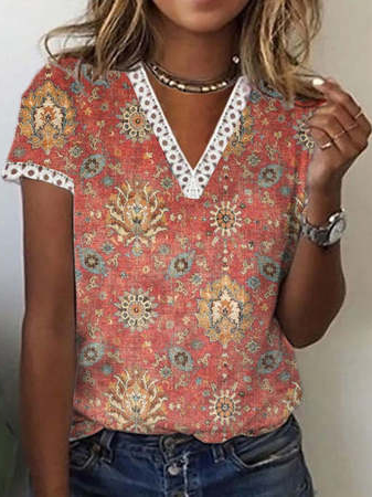 

Vintage Tribal V Neck Short Sleeve T-Shirt, Multicolor, T-Shirts