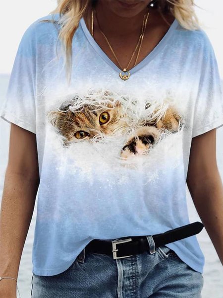 

Casual V Neck Short Sleeve T-Shirt, Blue, T-Shirts