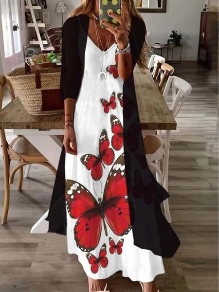 

Butterfly Casual V neck Sleeveless Two Piece Sets, As picture, Two-piece Outfits