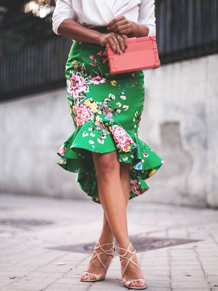 

Vacation Floral Printed Mermaid Skirt, Green, Midi Skirts