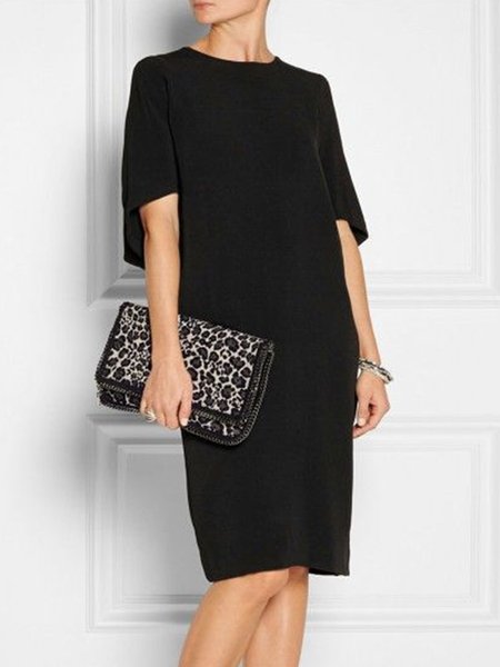 

Simple Solid Crew Neck Short Sleeve Knee Dress, Black, Midi Dresses