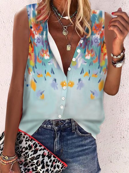 

Vacation Floral Casual Loosen Stand Collar Short Sleeve Blouse, Blue, Blouses & Shirts