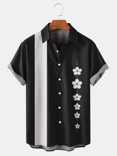 

Japanese Graphic Men's Casual Short Sleeve Shirt, Black-white, Men's Floral shirt