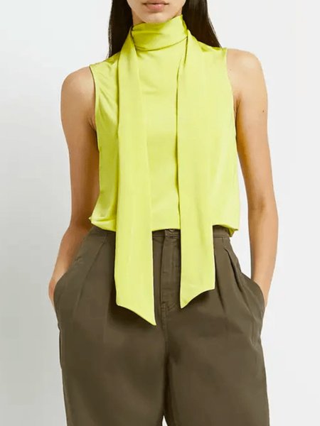 

Summer Sleeveless Lightweight Stand Collar Plain Regular Fit Short Sleeve Tops, Yellow, Tunics