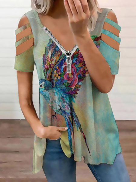 

Bird Print Casual Short Sleeve Tops, As picture, Blouses