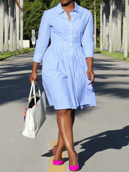 

Spring Elegant Regular Fit Long Sleeve Woven Daily Lightweight Dress, Stripe-blue, Midi Dresses