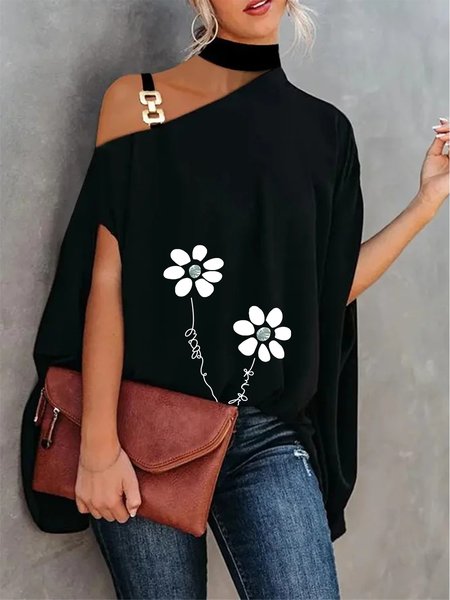 

Floral Short Sleeve Metal Button Halter Plus Size Casual Tops, Black, Tops