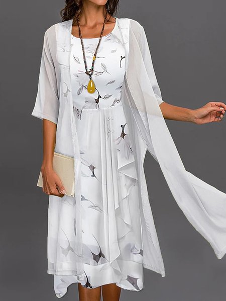 

Casual Floral Printed Chiffon Two Piece Sets, White, Suit Set