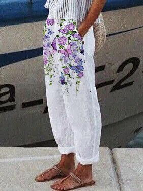 

Floral Regular Fit Basics Pants, White, Pants