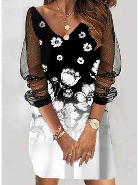 

Floral Loosen Casual Long Sleeve Knit Dress, Black, Dresses