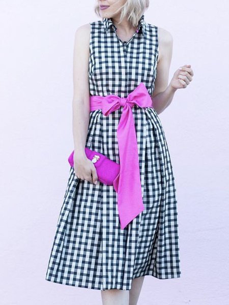 

Casual Sleeveless Grid Regular Fit Knee Dress, Black-white, Midi Dresses