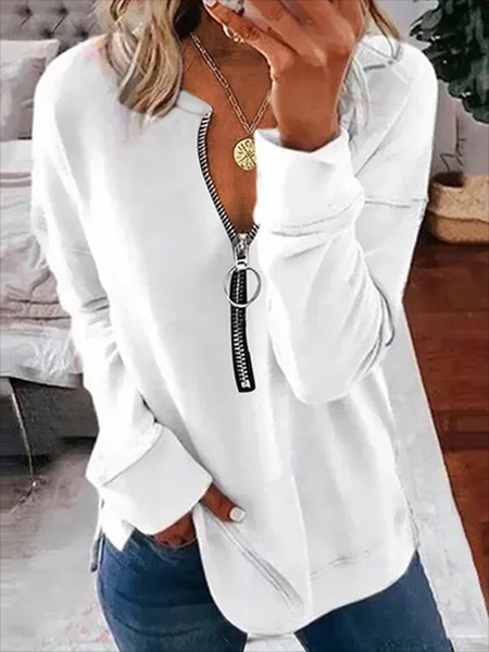 

Long Sleeve V Neck Casual Solid Sweatshirts, White, Hoodies & Sweatshirts