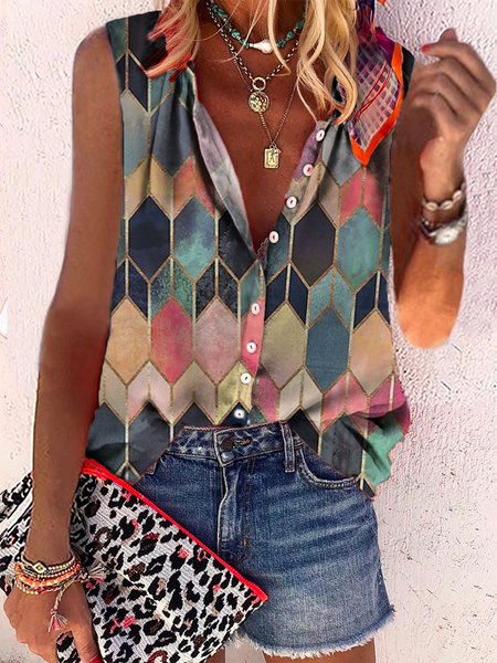 

Casual Printed Stand Collar Short Sleeve Blouse, Multicolor, Blouses & Shirts