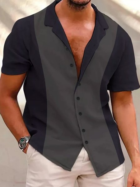 

Mens Retro Casaul Short Sleeve Closure Collar Shirts, Black-grey, Short Sleeves Shirts